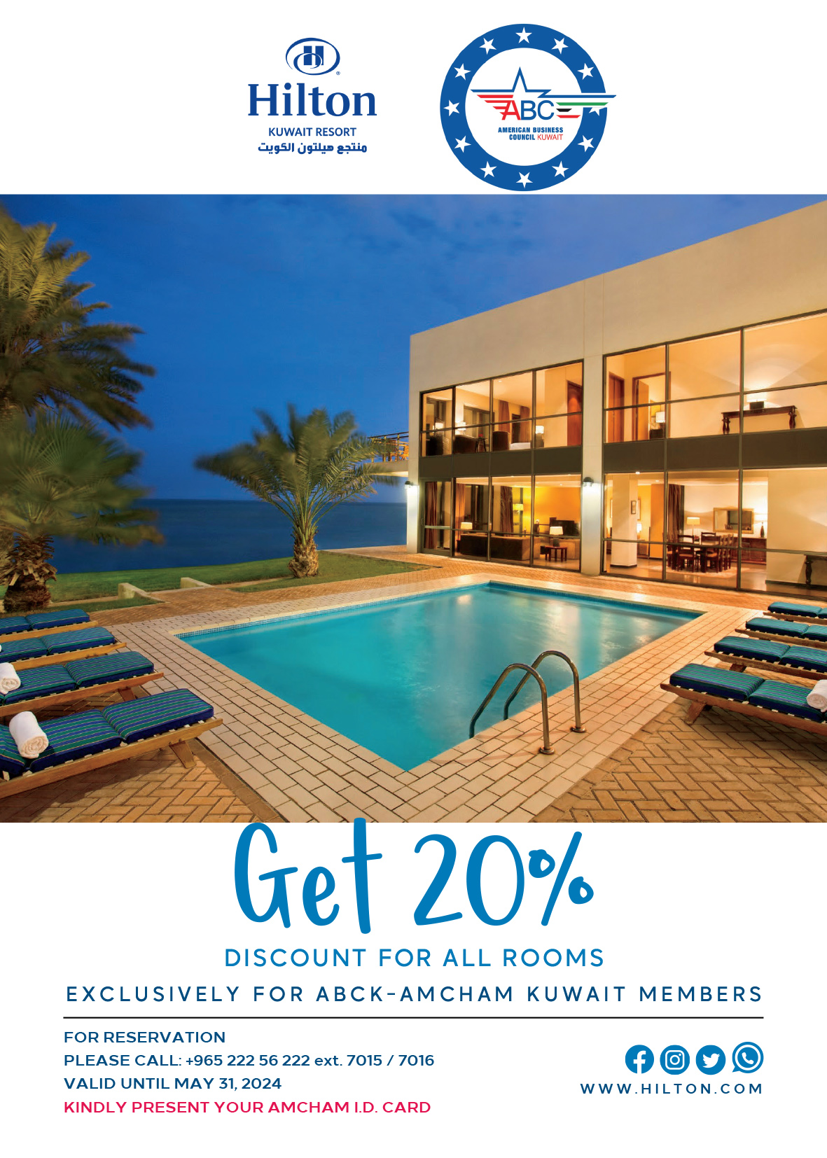 20% Discount for all rooms exclusively for ABCK-AmCham Kuwait members - valid until 31 May 2024